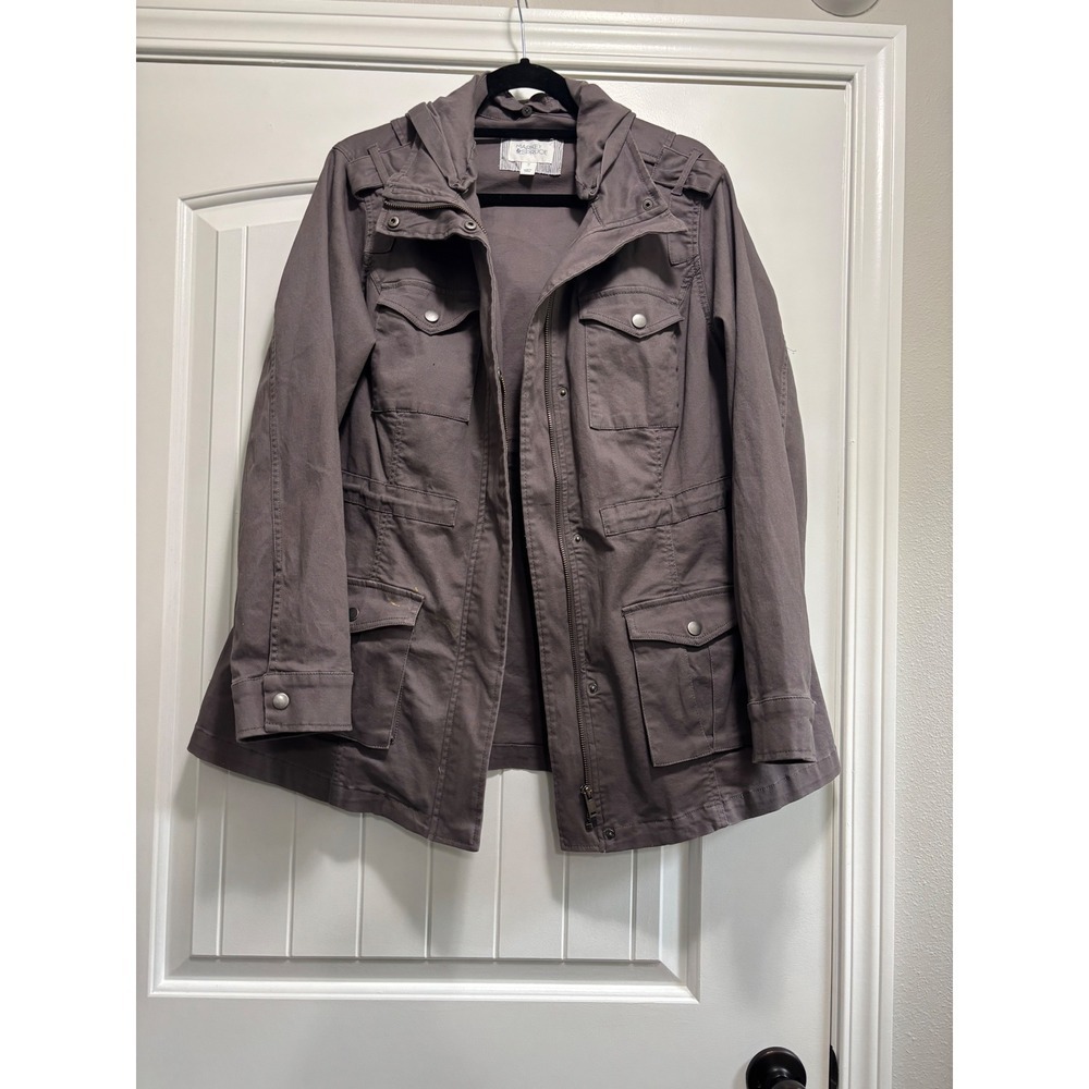 Market and Spruce Womens Utility Jacket Grey Hooded Field Coat Anorak Medium